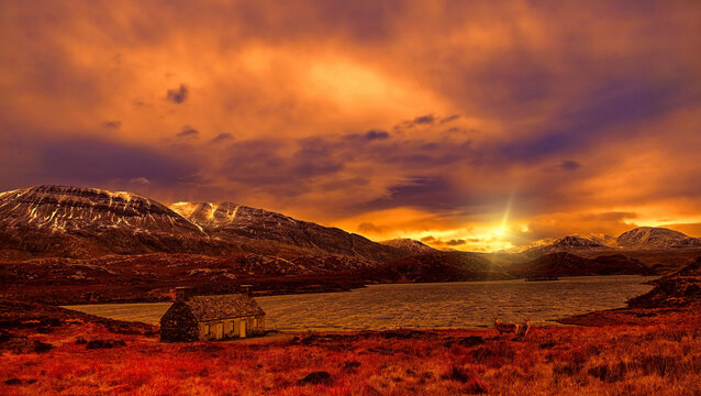 Arkle and Loch Stack with Red deer stags