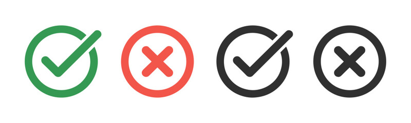 Fototapeta premium Check mark and cross mark icons. Green and red circles. Check tick and x cross symbols for validation, confirmation, checklist signs, approval badge. Flat modern checkmark design. Vector illustration