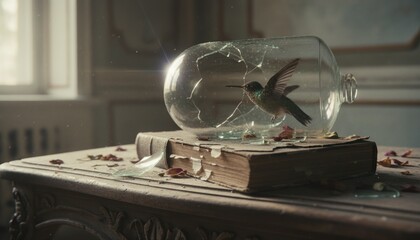 Fototapeta premium Shattered Glass Jar with Hummingbird on Vintage Book in Cinematic Room