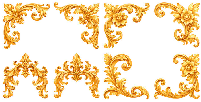 A charming watercolor collection of decorative gold corner ornaments featuring elegant baroque floral scroll designs in a classic vintage style.