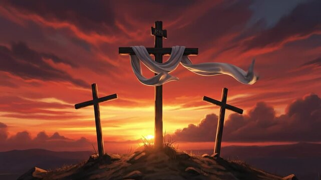 Three wooden crosses on a hill at sunset with white cloth for Easter resurrection background