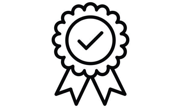Simple black and white rosette icon with check mark symbolizing approval or verification in a minimalist design suitable for various applications.