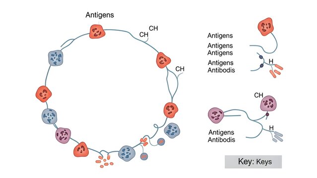 Conceptual diagram of circulating antigens and antibodies, illustrating how specific antigen shapes interact with complementary antibody keys, with a legend explaining recognition patterns and immune 