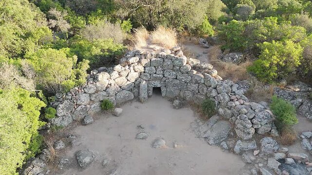 Aerial view of the megalithic Tomb of the Giants "Is Concias". Sardinia, Italy