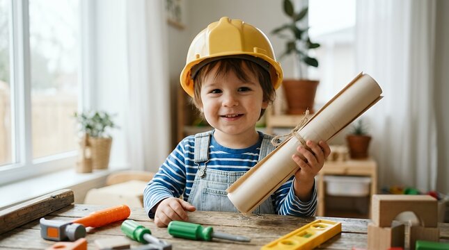 Medium close-up of a toddler wearing a yellow construction helmet holding rolled blueprints at a table with toy tools, soft daylight from window with shallow depth of field in realistic childhood aspi