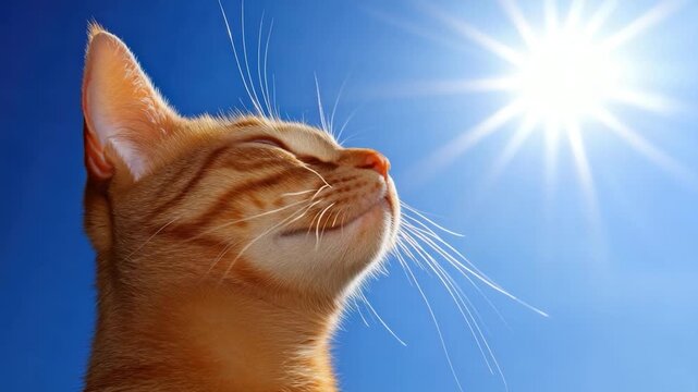 A ginger cat basks in the sun, eyes closed against the bright glare, with a clear blue sky background