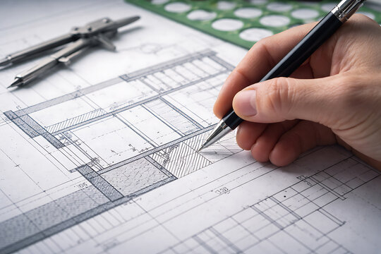 Architectural plan being drafted with a pen and drafting tools nearby