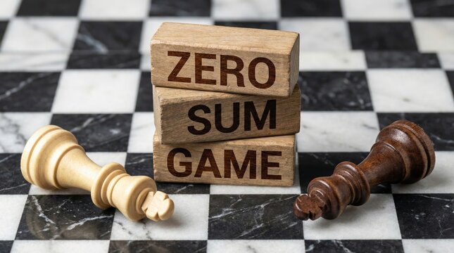Conceptual image of a zero sum game with wooden blocks and fallen chess pieces on a marble board.