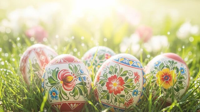 Traditional Slavic Folk Art Painted Easter Eggs with Floral Patterns in Green Grass