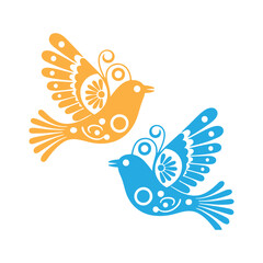 Fototapeta premium Two Folk Art Style Birds Illustration, Orange and Blue Decorative Floral Ornament Vector