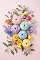 Fototapeta premium Creative flat lay arrangement of pastel yarn balls and fresh spring flowers on a pink background.