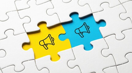 Fototapeta premium Marketing strategy concept showing megaphone icons on connecting puzzle pieces for advertising and communication success.