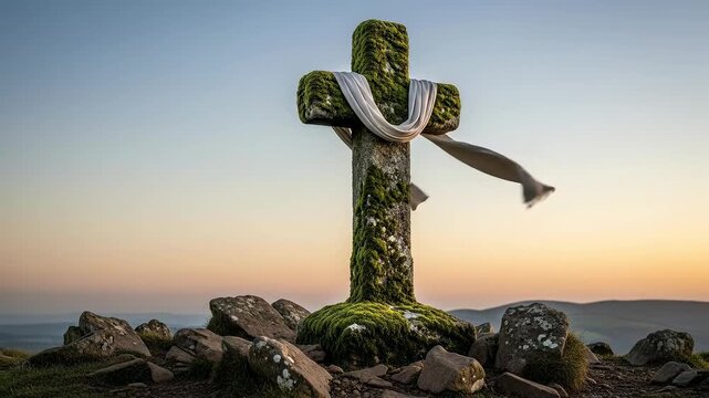 Ancient mossy stone cross with white shroud on rocky hill at dawn for Easter