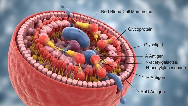 3D cutaway of a red blood cell membrane, showing concentric lipid layers with labeled glycoproteins, glycolipids, A antigens, N‑acetylgalactose, N‑acetylglucosamine, H antigen, and RhD antigen to illu