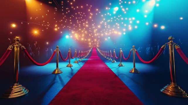 A long red carpet lined with gold stanchions and rope leads to a bright light. People at the end