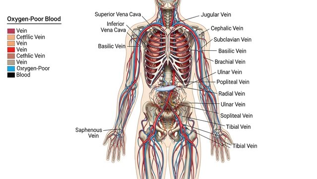 Comprehensive anterior view of the human venous and arterial system, with labeled jugular, subclavian, cephalic, basilic, femoral, saphenous, and radial veins plus color‑coded oxygen‑rich and oxygen‑p