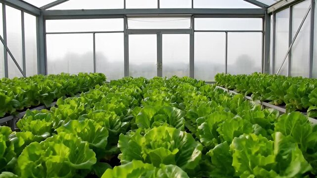 Greenhouse cultivation rows of lettuce plants under artificial lighting