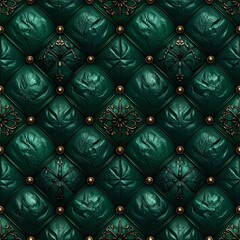 Fototapeta premium Emerald green tufted leather texture with ornate gold accents, creating a rich, luxurious pattern