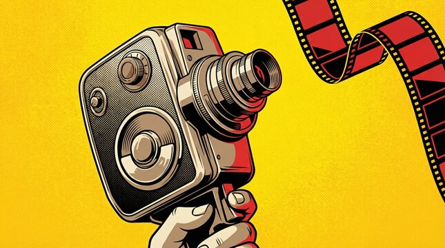 Vintage movie camera illustration in pop art style with film strip on yellow background.