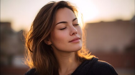 Obraz premium A serene young woman with her eyes closed bathed in the warm golden light of sunset embodying a moment of peace and contemplation