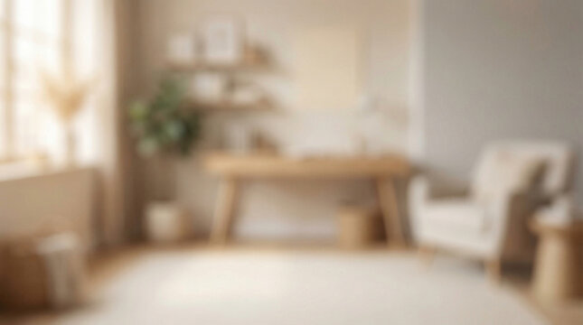Soft blurred home office background with cozy neutral tones