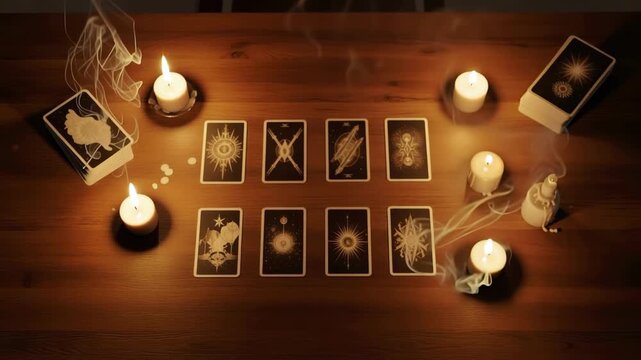 Tarot card spread on wooden table, soft candlelight, warm colors, mystical contemplation
