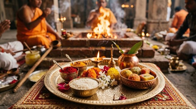 Ritual offerings plate with kumkum, rice, and sweets during Holika Dahan  