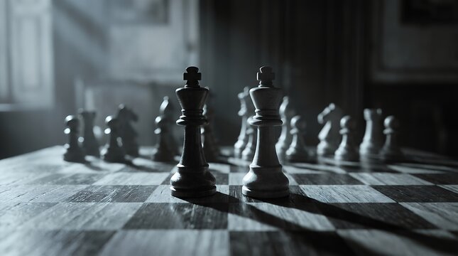 Dramatic chess game unfolds as pieces move strategically on a sunlit board; camera slowly pans, capturing intense focus and shadow play in a cinematic, moody atmosphere.