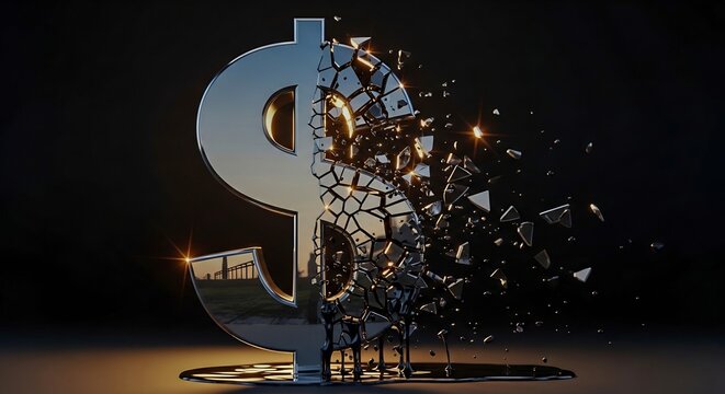Shattered Dollar Sign Exploding into Pieces, Petrodollar Collapse, Oil-Driven Currency Crisis Symbol, Dark Dramatic
