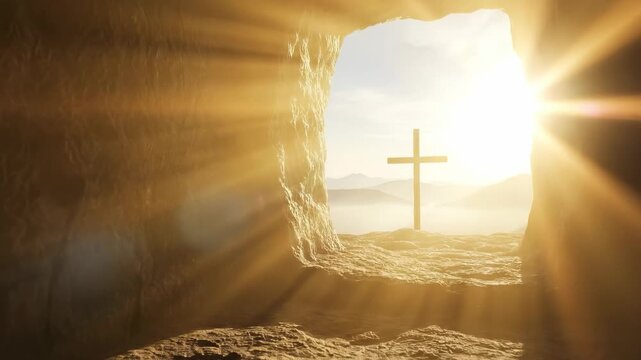 Empty Tomb of Jesus with Cross and Divine Light Rays, Easter Resurrection Concept