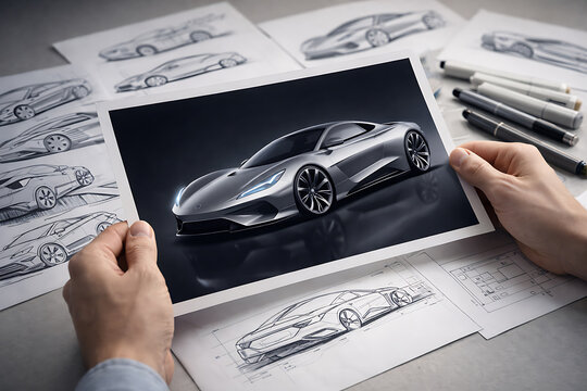 Automotive design sketches and a detailed illustration of a sports car