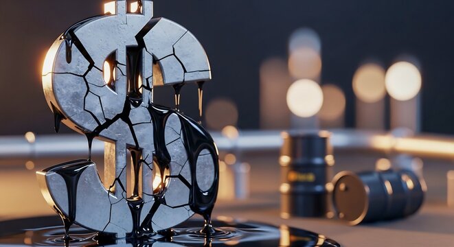 Cracked Dollar Sign Breaking Apart, Petrodollar Collapse Symbol, Oil Barrels Background, Economic Shift Concept