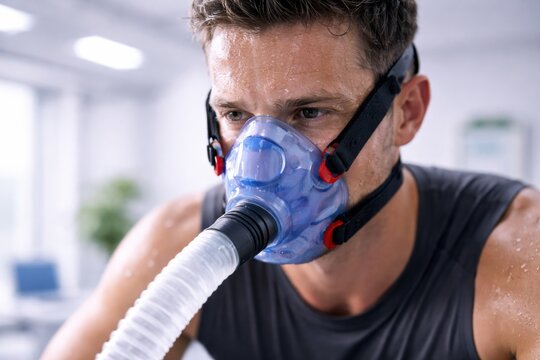 A man is seen sweating intensely while undergoing a VO2 max fitness test with a metabolic mask. This depicts scientific assessment of physical performance and health. Ideal for health articles.