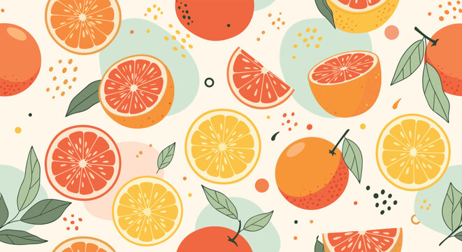 Fresh and modern seamless pattern with colorful citrus fruits, slices, and leaves on a light background for summer designs.
