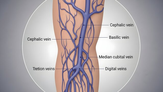 Detailed anatomical illustration of the superficial veins of the human arm and hand, labeling cephalic, basilic, median cubital, digital and tetoton veins, designed for vascular anatomy, phlebotomy, a