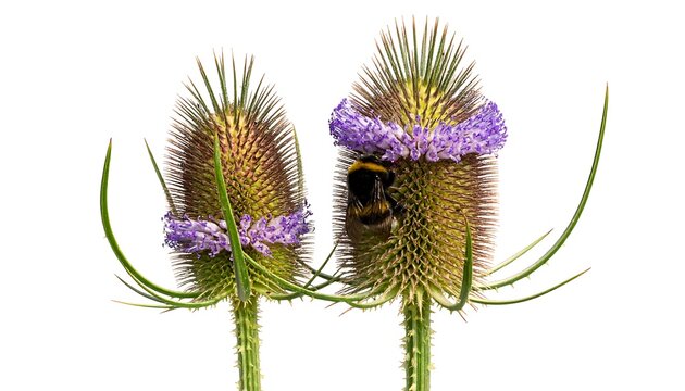Close-up of two teasel plants with purple flowers and green stems.
