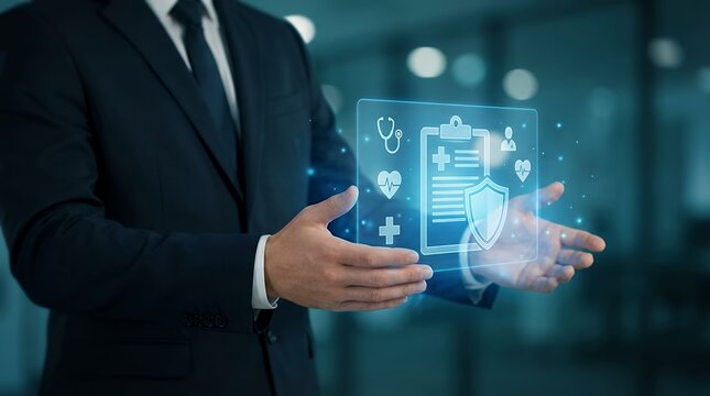 Business professional extending both hands forward as glowing medical clipboard and shield icon appear surrounded by healthcare related symbols, subtle natural hand stabilization while blue interface 