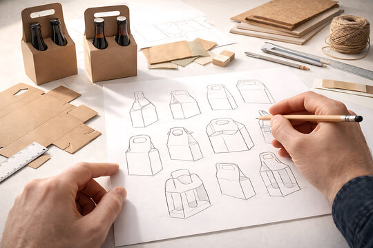 Designing cardboard bottle carriers with sketches and prototypes on a white desk