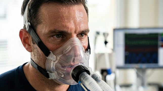 A man in a VO2 max mask is undergoing a physiological test, sweating during a health and longevity assessment. Ideal for sports science, fitness testing, medical diagnostics.