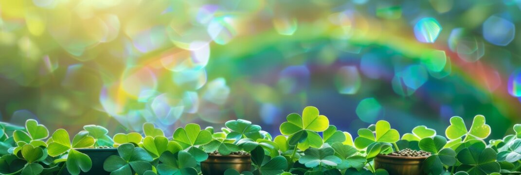 Gold coins falling into a pot and scattering on a field of clovers under a rainbow
