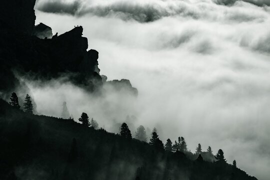Sea of fog with rocky peaks of the Dolomites, Corvara, Dolomites, Italy