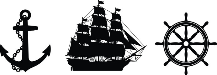 Black nautical silhouettes featuring anchor with chain, historic sailing ship with multiple masts, and classic ship’s wheel symbolizing maritime navigation, stability, and sea exploration © MDRAZIURRAHMAN
