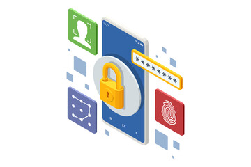 Fototapeta premium Isometric mobile security illustration with smartphone, padlock, password field and biometric icons. Concept of protected data access, facial scan, fingerprint check and pattern verification for