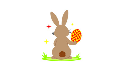 Cute Easter Bunny From Behind Holding Decorated Egg Cartoon Vector Illustration 
