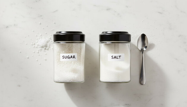 April Fools prank concept with sugar and salt containers swapped on kitchen table, top view minimal background