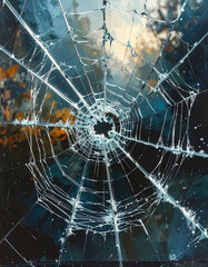 Fototapeta premium Detailed close-up of a cracked windshield with spiderweb patterns emanating from a central impact point.