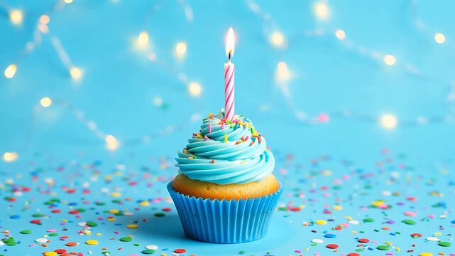 Birthday cupcake with lit candle