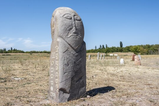 Balbals, historical gravestones in the shape of human faces, near Tokmok, Chuy, Kyrgyzstan