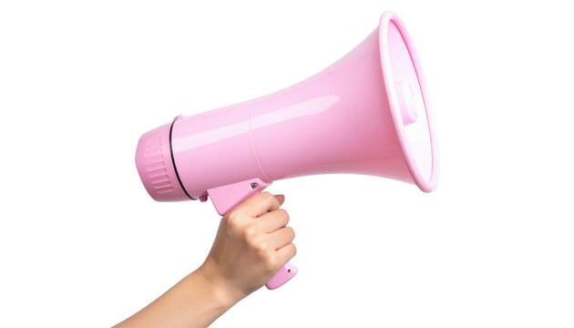 Meg&aacute;fono rosa en mano para anuncios, protestas, comunicaciones y campa&ntilde;as promocionales.