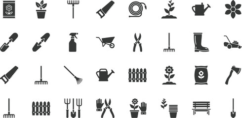Obraz premium Collection of gardening tools and icons including rake, watering can, wheelbarrow, gloves, lawn mower, potted plants, hose, spade, and garden accessories illustration set